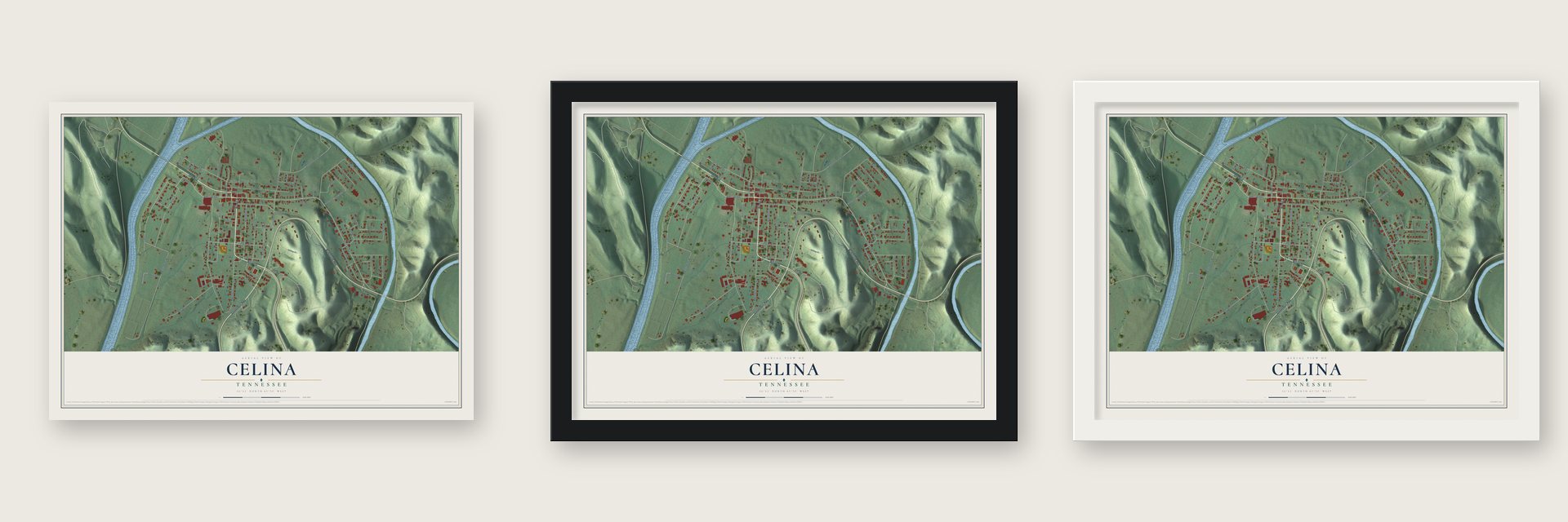 Celina, Tennessee map unframed, in a black wood frame and in a white wood frame