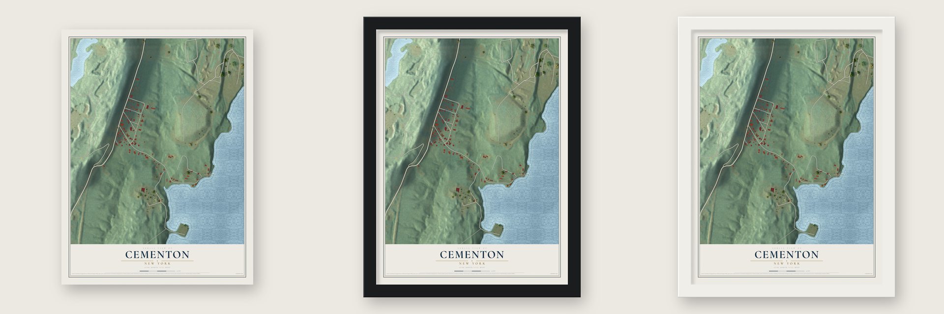 Cementon, New York map unframed, in a black wood frame and in a white wood frame