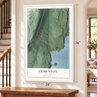 Cementon, New York map, 24 x 36 inch print in a white frame by a staircase