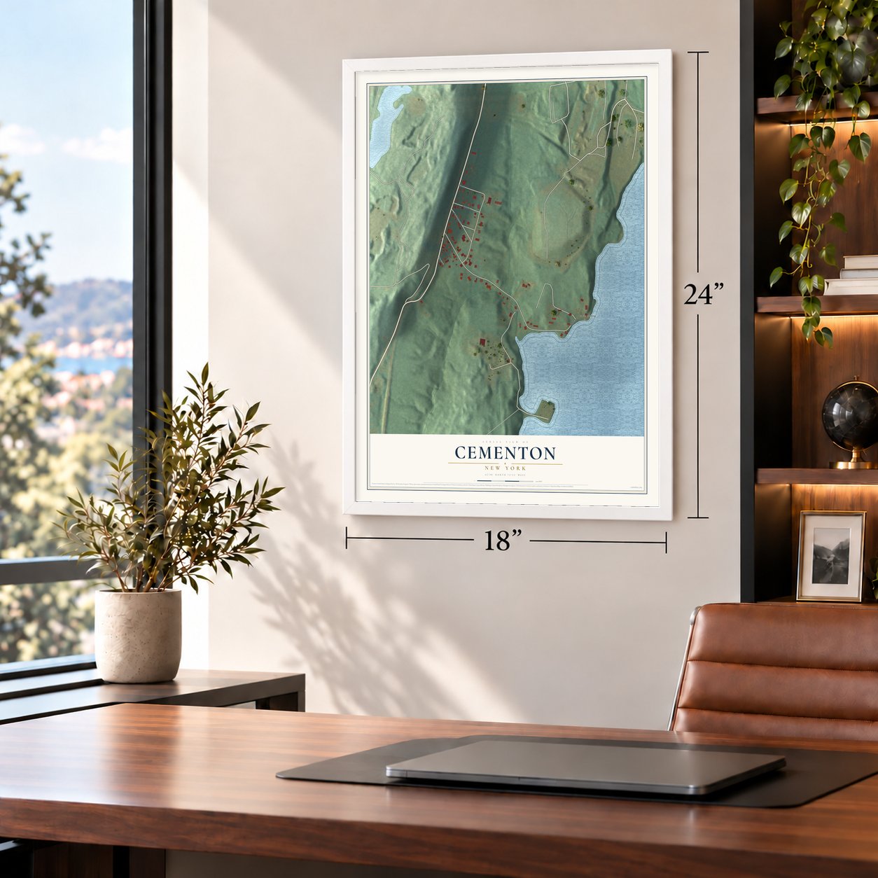 Cementon, New York map, 18 x 24 inch print in a white frame in a home office