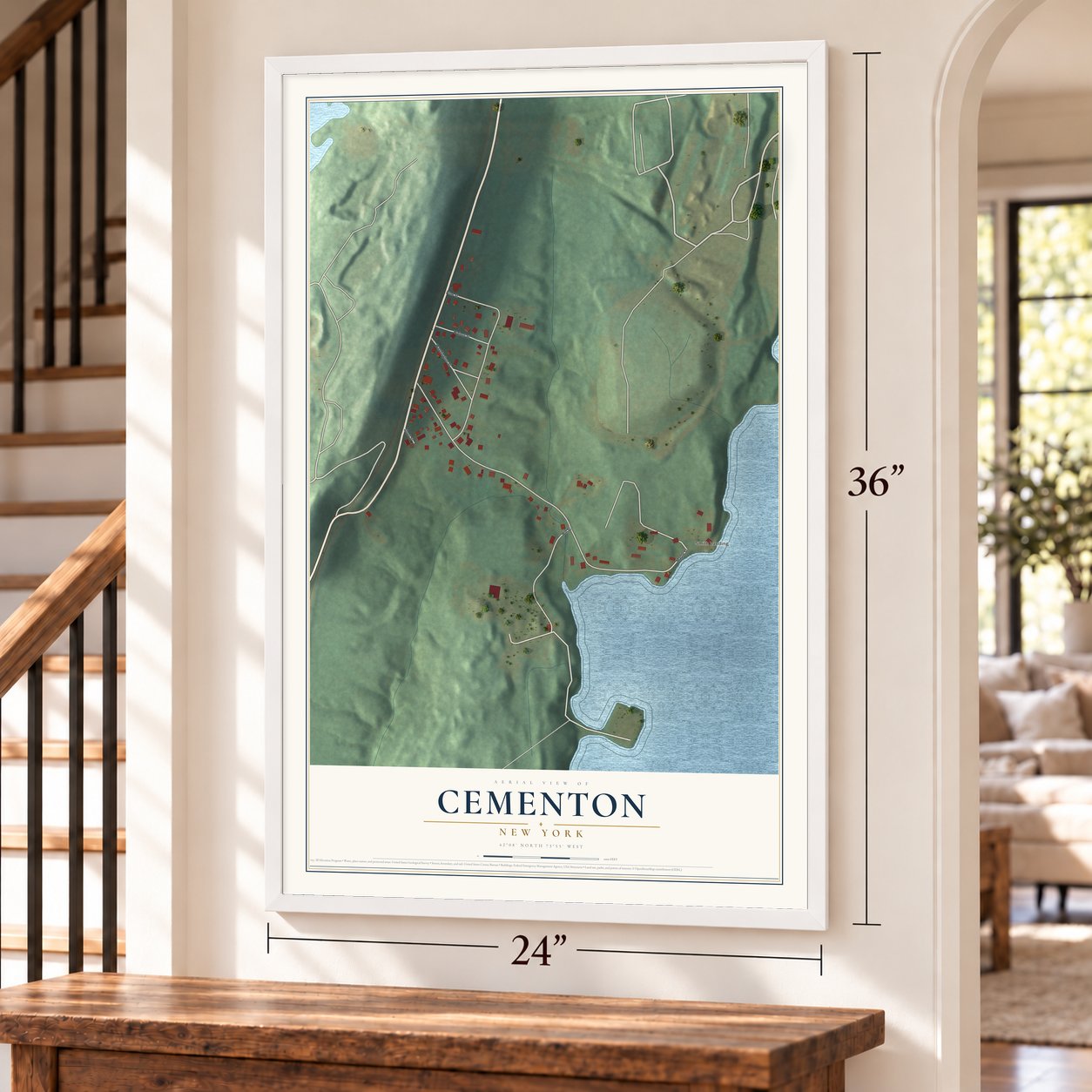 Cementon, New York map, 24 x 36 inch print in a white frame by a staircase