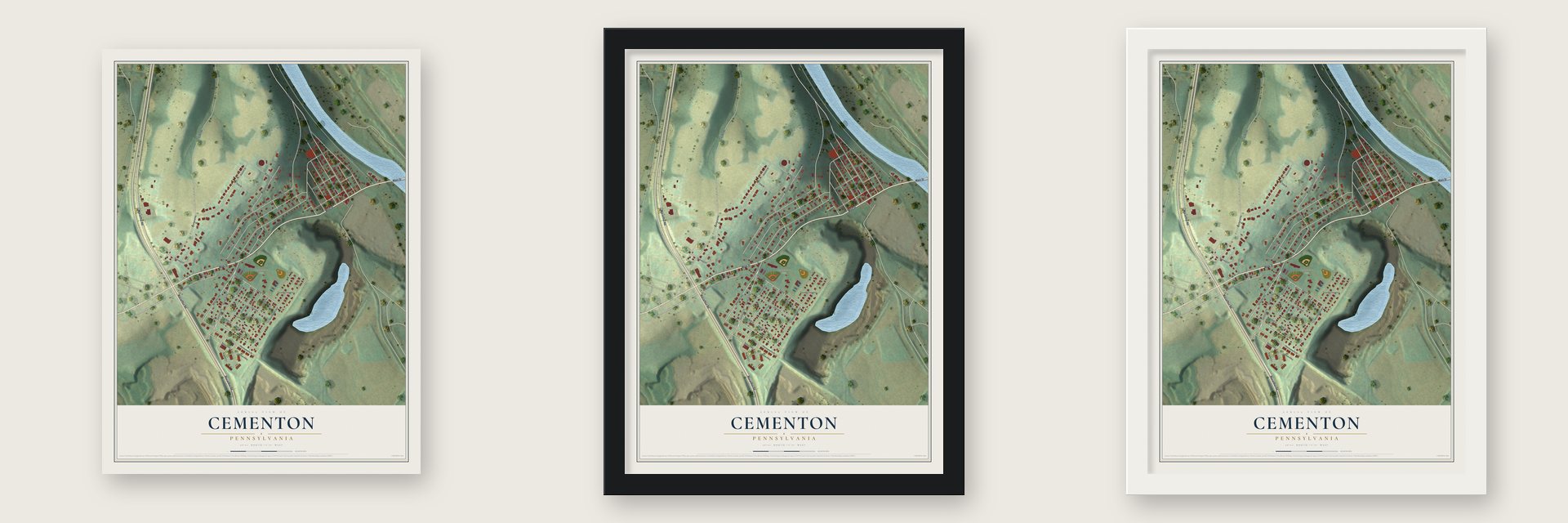 Cementon, Pennsylvania map unframed, in a black wood frame and in a white wood frame