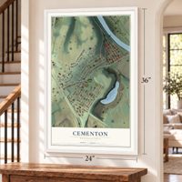 Cementon, Pennsylvania map, 24 x 36 inch print in a white frame by a staircase