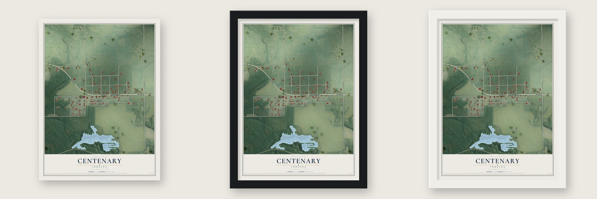 Centenary, Indiana map unframed, in a black wood frame and in a white wood frame