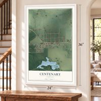 Centenary, Indiana map, 24 x 36 inch print in a white frame by a staircase