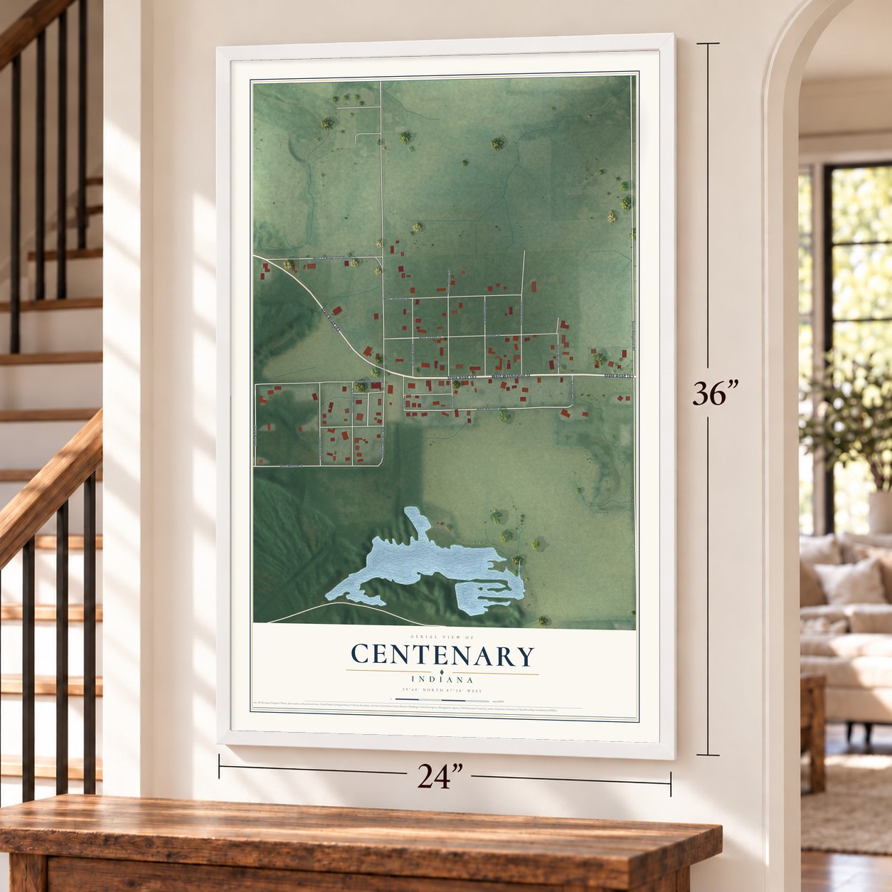Centenary, Indiana map, 24 x 36 inch print in a white frame by a staircase
