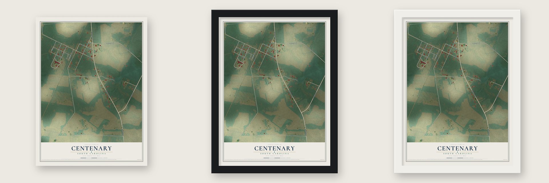 Centenary, South Carolina map unframed, in a black wood frame and in a white wood frame