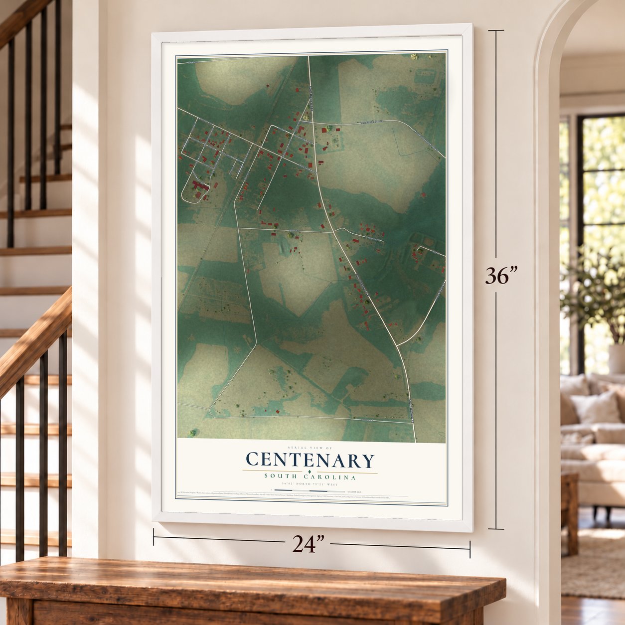 Centenary, South Carolina map, 24 x 36 inch print in a white frame by a staircase