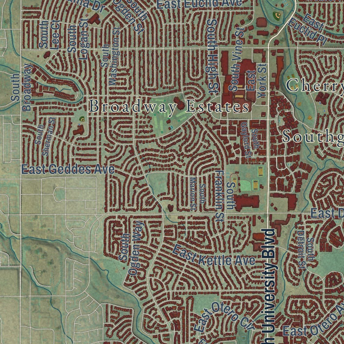 Second close-up of the map of Centennial, Colorado print showing more streets and buildings