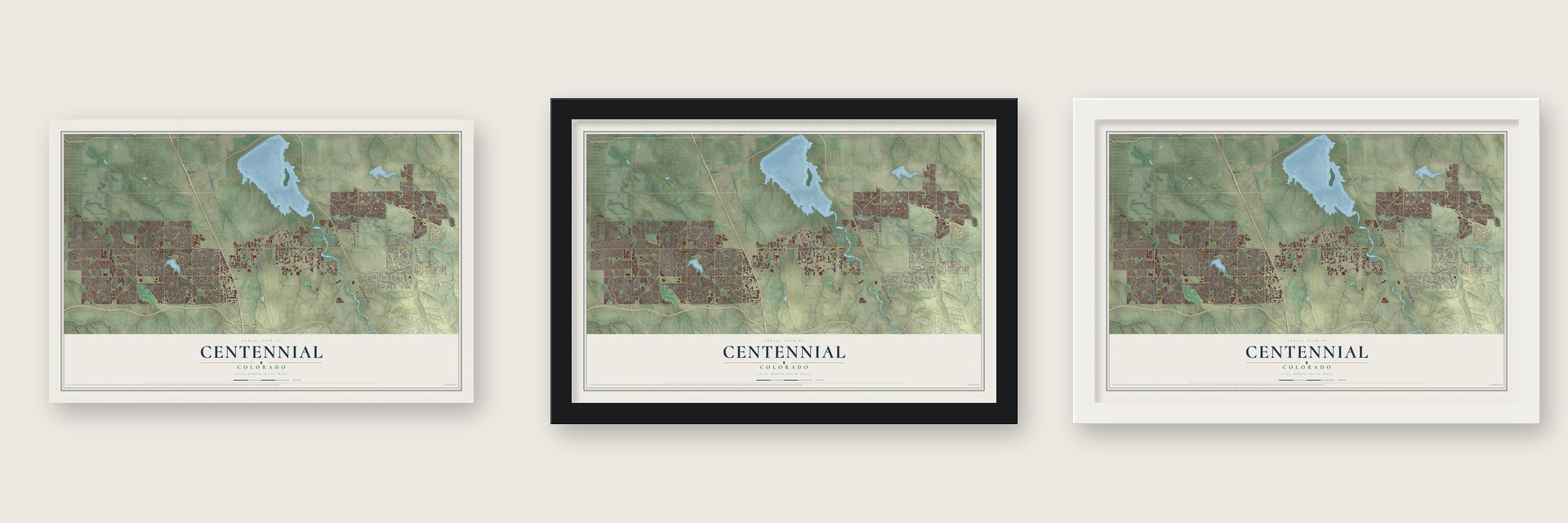 Centennial, Colorado map unframed, in a black wood frame and in a white wood frame