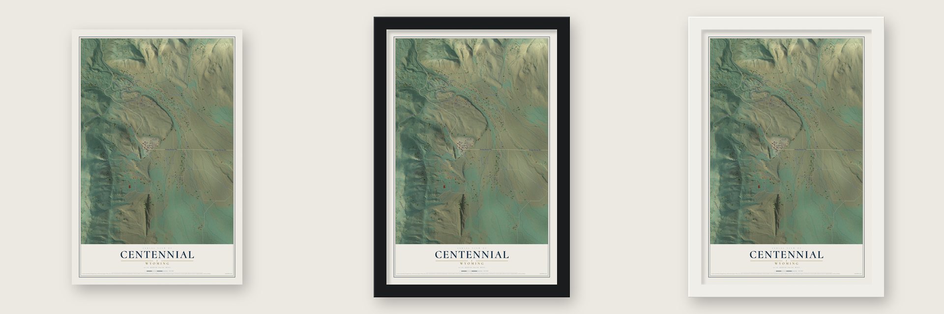 Centennial, Wyoming map unframed, in a black wood frame and in a white wood frame