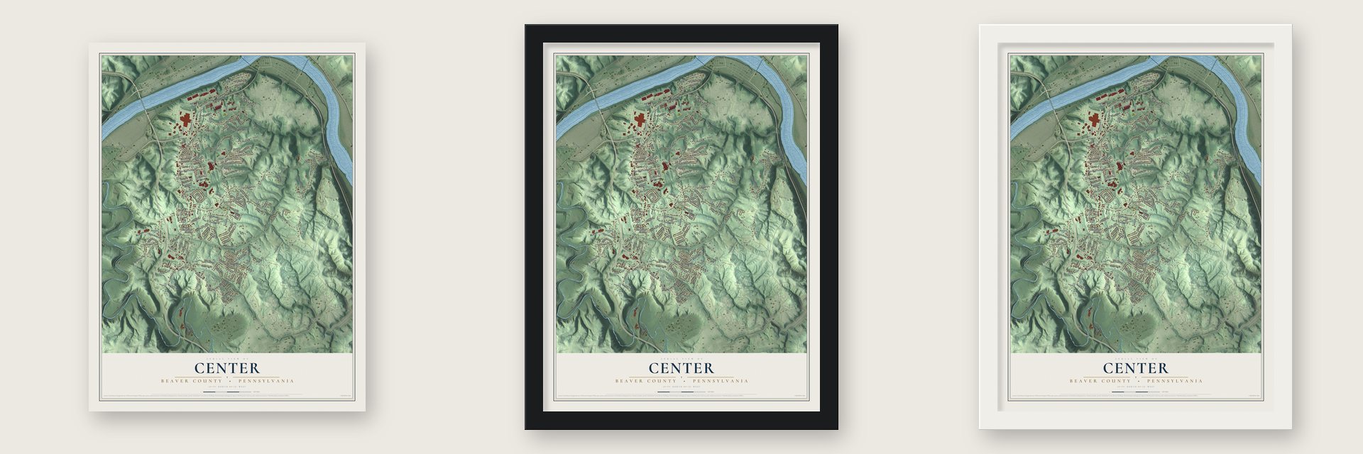 Center, Beaver County, Pennsylvania map unframed, in a black wood frame and in a white wood frame