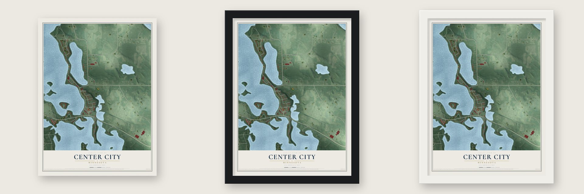 Center City, Minnesota map unframed, in a black wood frame and in a white wood frame