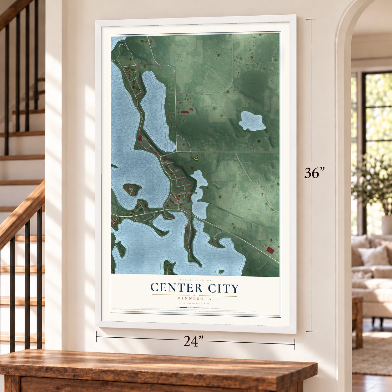Center City, Minnesota map, 24 x 36 inch print in a white frame by a staircase