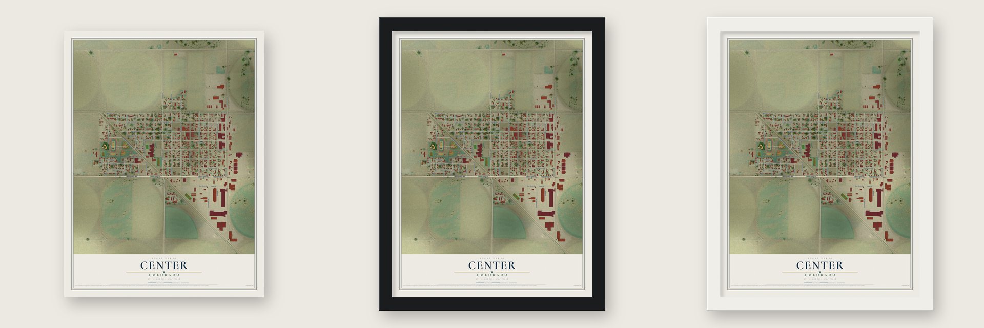 Center, Colorado map unframed, in a black wood frame and in a white wood frame