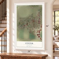 Center, Colorado map, 24 x 36 inch print in a white frame by a staircase
