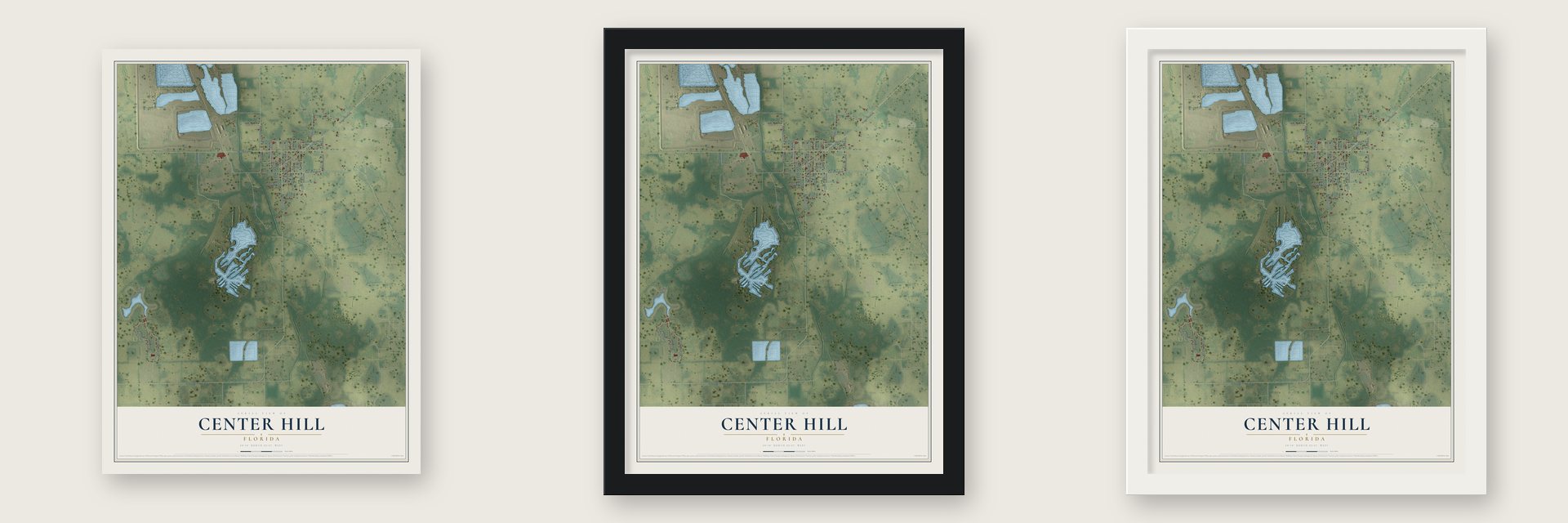 Center Hill, Florida map unframed, in a black wood frame and in a white wood frame