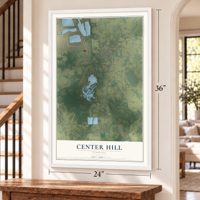 Center Hill, Florida map, 24 x 36 inch print in a white frame by a staircase