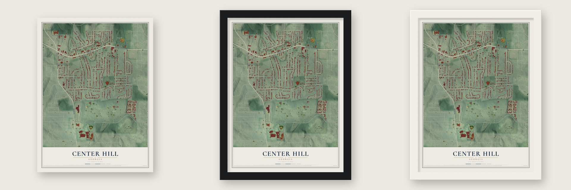 Center Hill, Georgia map unframed, in a black wood frame and in a white wood frame