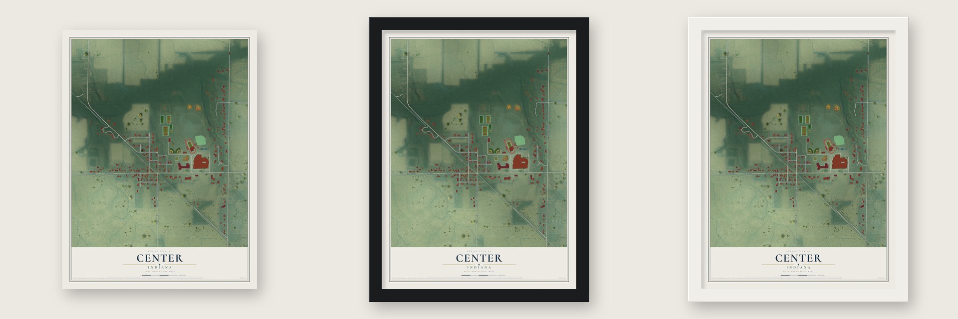 Center, Indiana map unframed, in a black wood frame and in a white wood frame