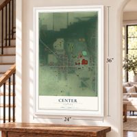 Center, Indiana map, 24 x 36 inch print in a white frame by a staircase