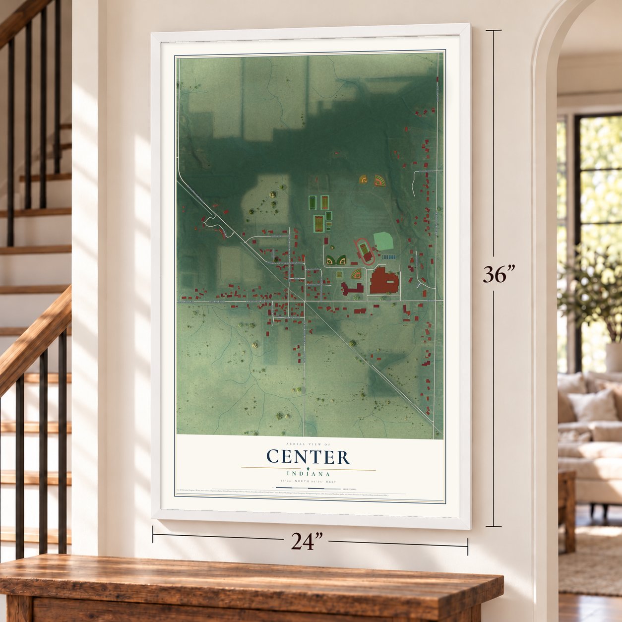 Center, Indiana map, 24 x 36 inch print in a white frame by a staircase