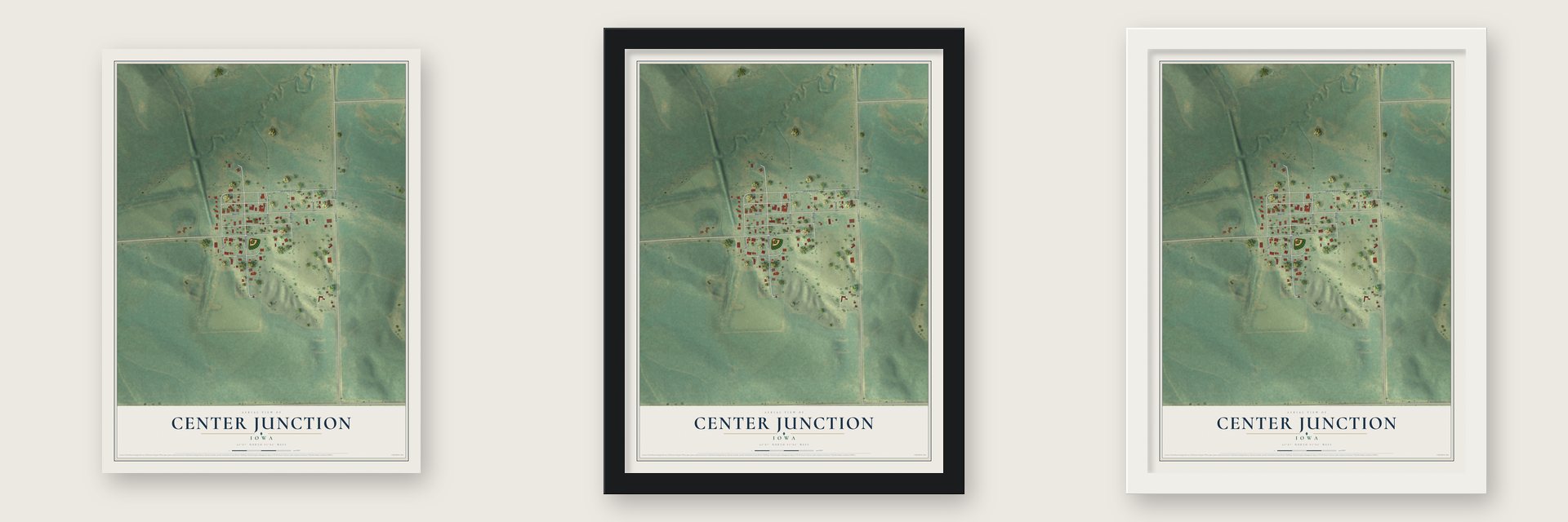 Center Junction, Iowa map unframed, in a black wood frame and in a white wood frame