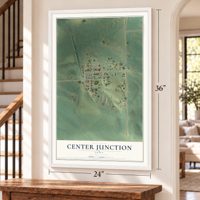 Center Junction, Iowa map, 24 x 36 inch print in a white frame by a staircase