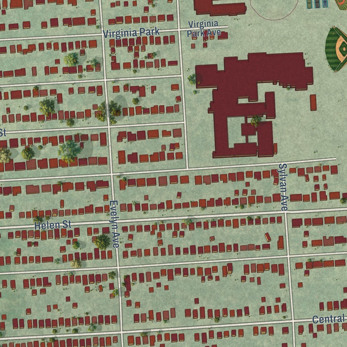 Second close-up of the map of Center Line, Michigan print showing more streets and buildings