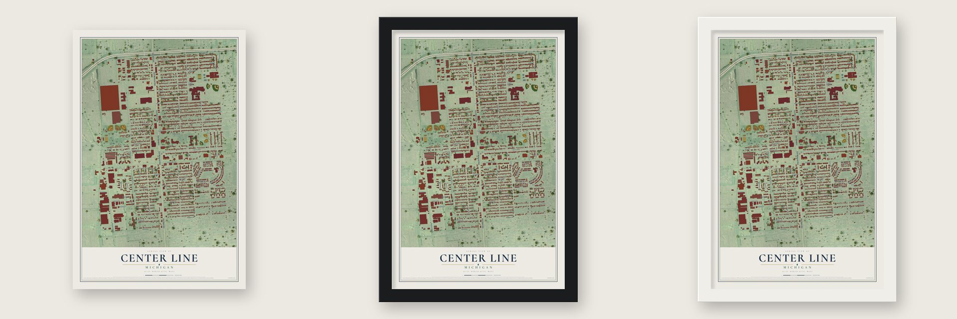 Center Line, Michigan map unframed, in a black wood frame and in a white wood frame