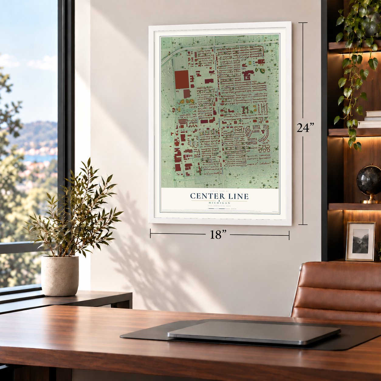 Center Line, Michigan map, 18 x 24 inch print in a white frame in a home office