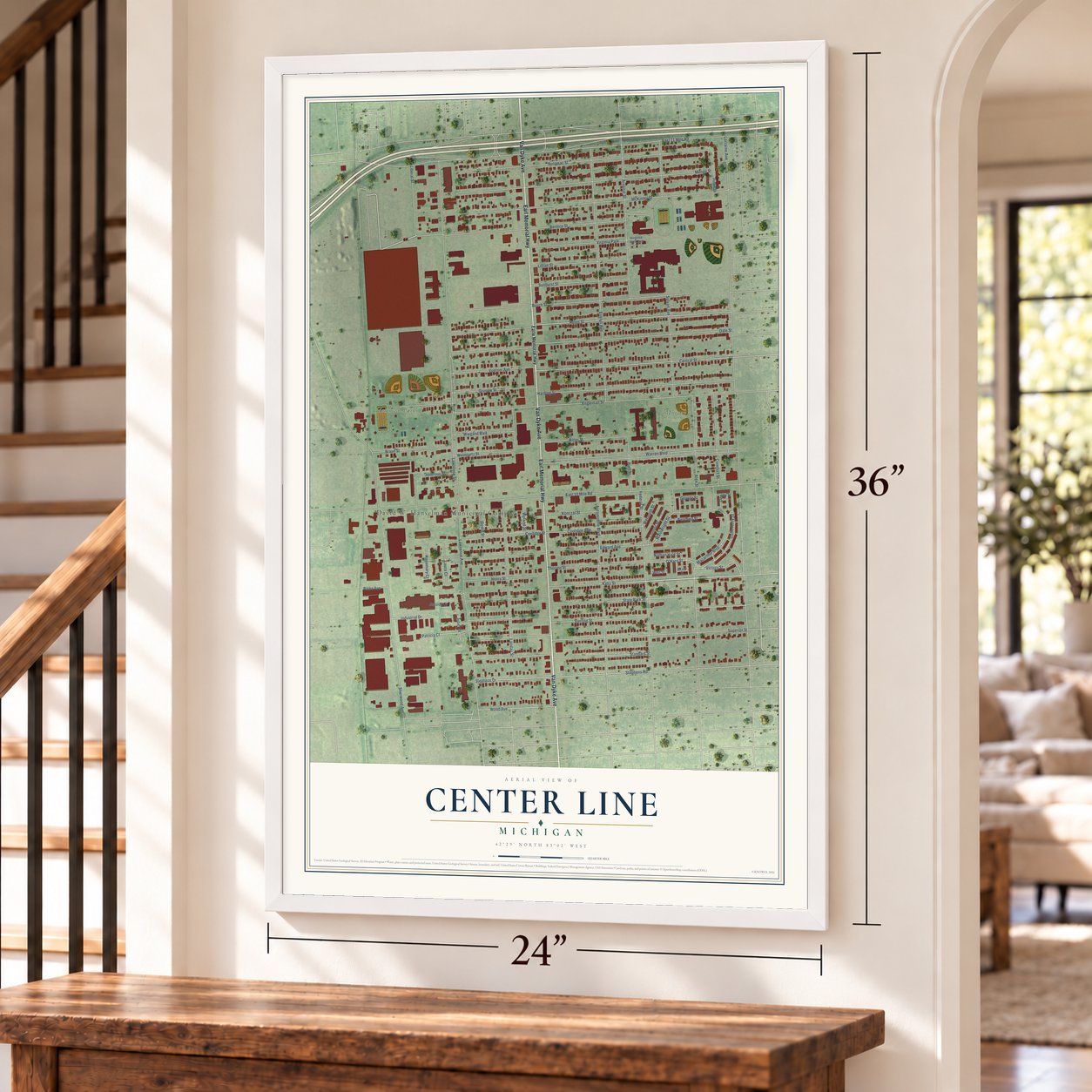 Center Line, Michigan map, 24 x 36 inch print in a white frame by a staircase