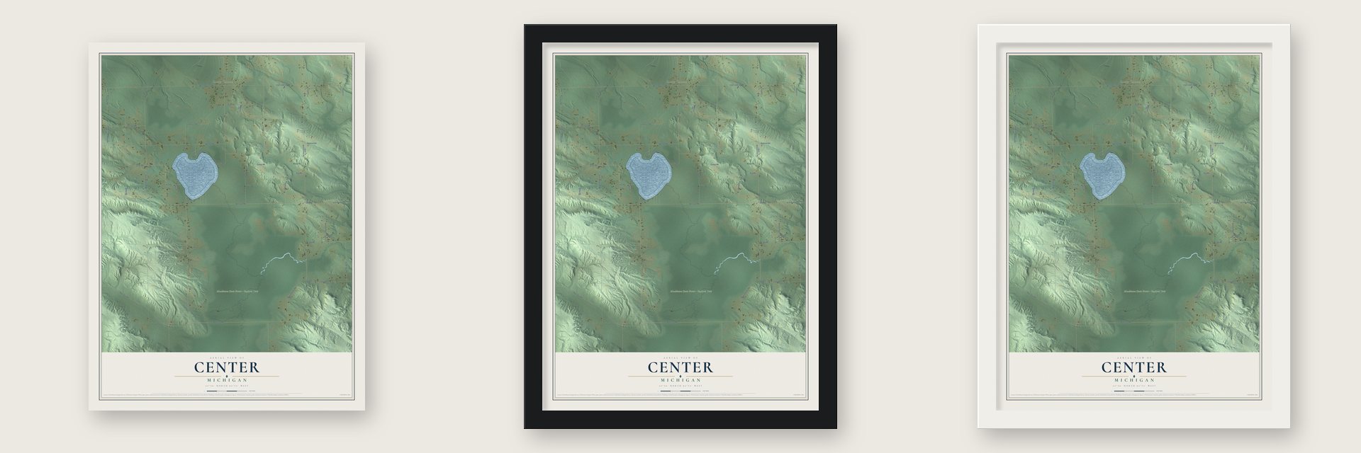 Center, Michigan map unframed, in a black wood frame and in a white wood frame