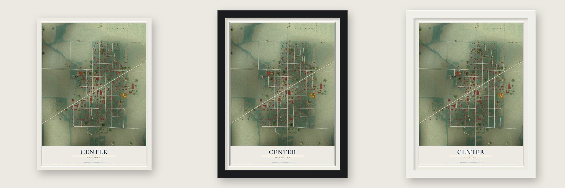 Center, Missouri map unframed, in a black wood frame and in a white wood frame