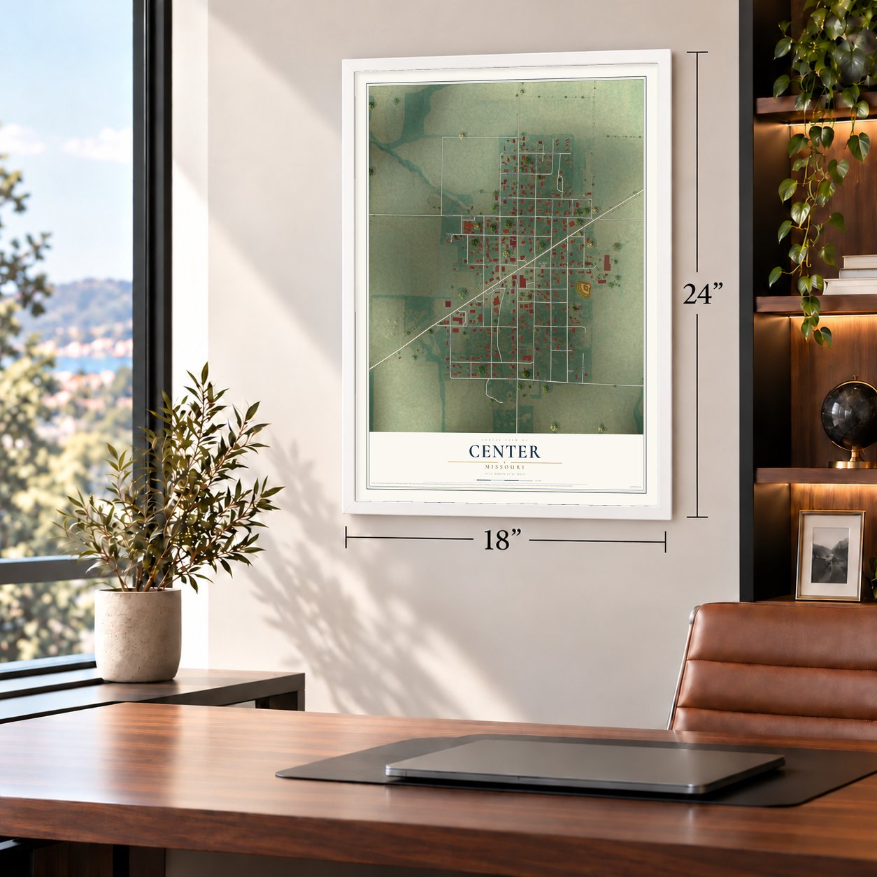 Center, Missouri map, 18 x 24 inch print in a white frame in a home office