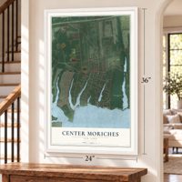 Center Moriches, New York map, 24 x 36 inch print in a white frame by a staircase