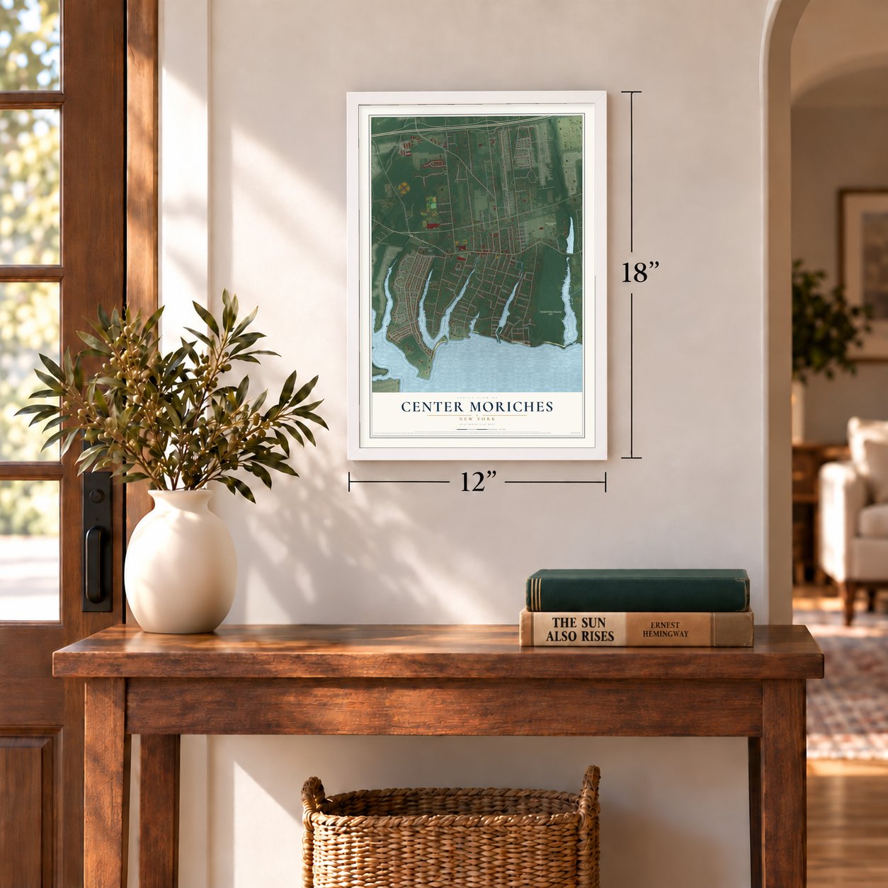 Center Moriches, New York map, 12 x 18 inch print in a white frame in an entryway