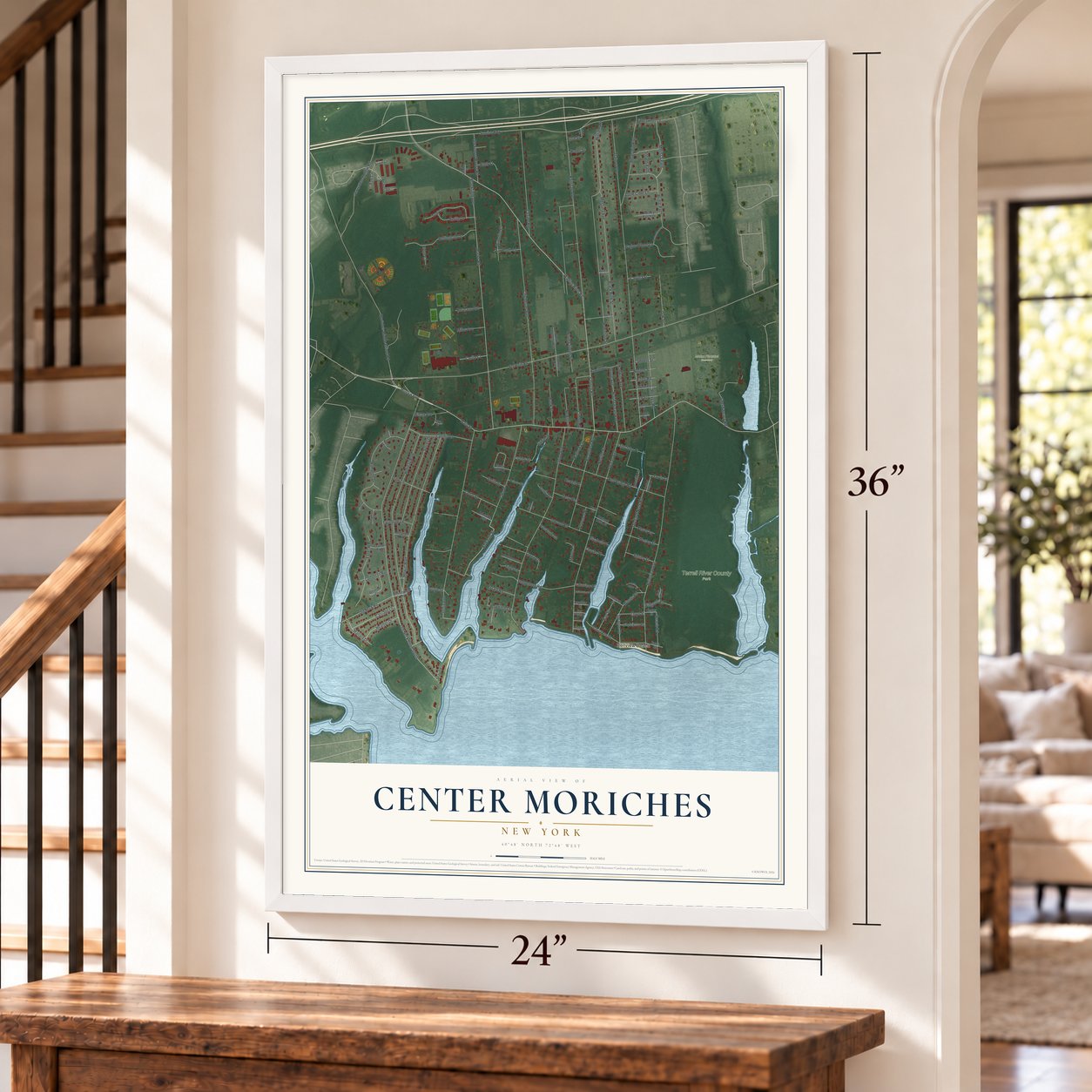 Center Moriches, New York map, 24 x 36 inch print in a white frame by a staircase