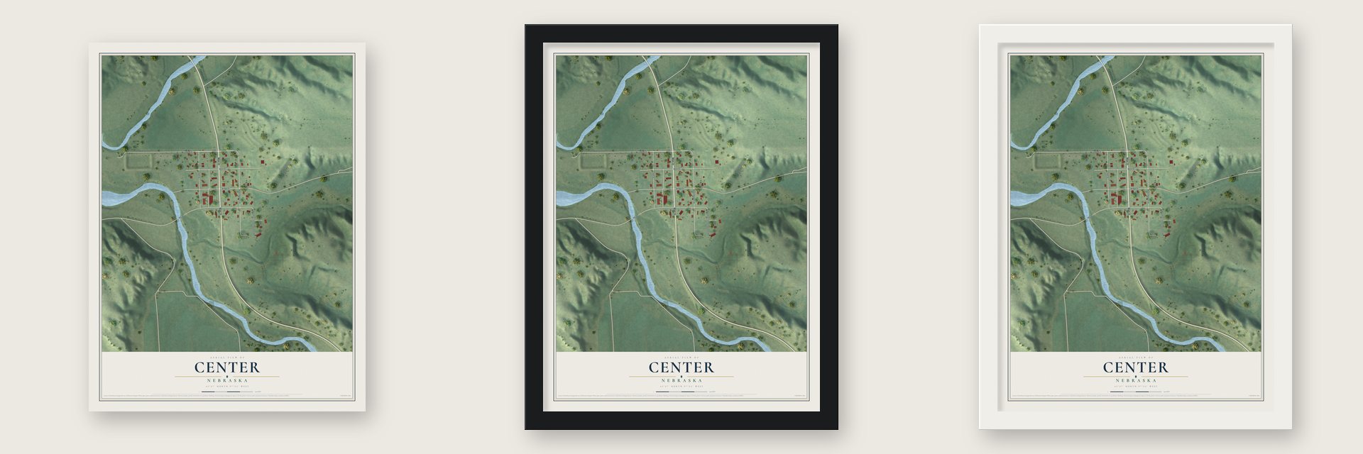 Center, Nebraska map unframed, in a black wood frame and in a white wood frame