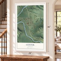 Center, Nebraska map, 24 x 36 inch print in a white frame by a staircase