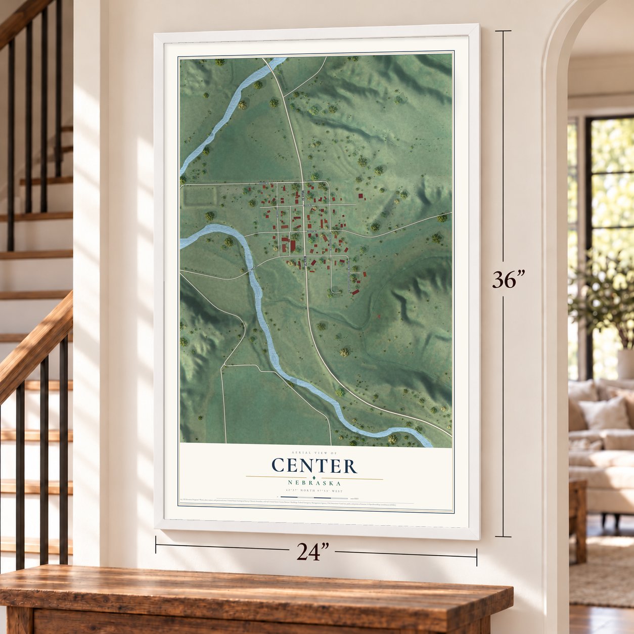 Center, Nebraska map, 24 x 36 inch print in a white frame by a staircase
