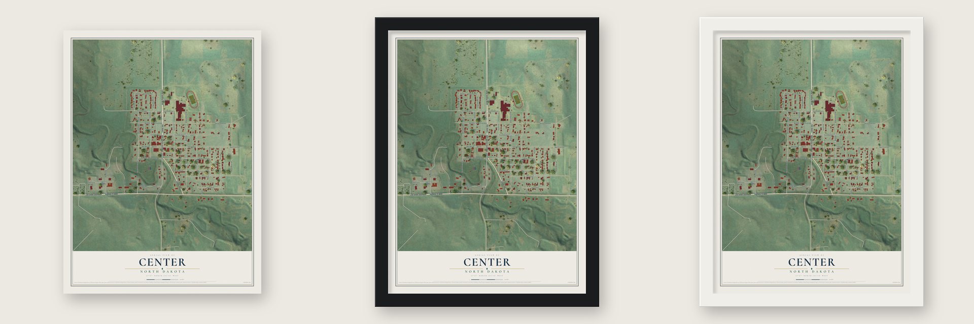 Center, North Dakota map unframed, in a black wood frame and in a white wood frame