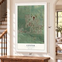 Center, North Dakota map, 24 x 36 inch print in a white frame by a staircase