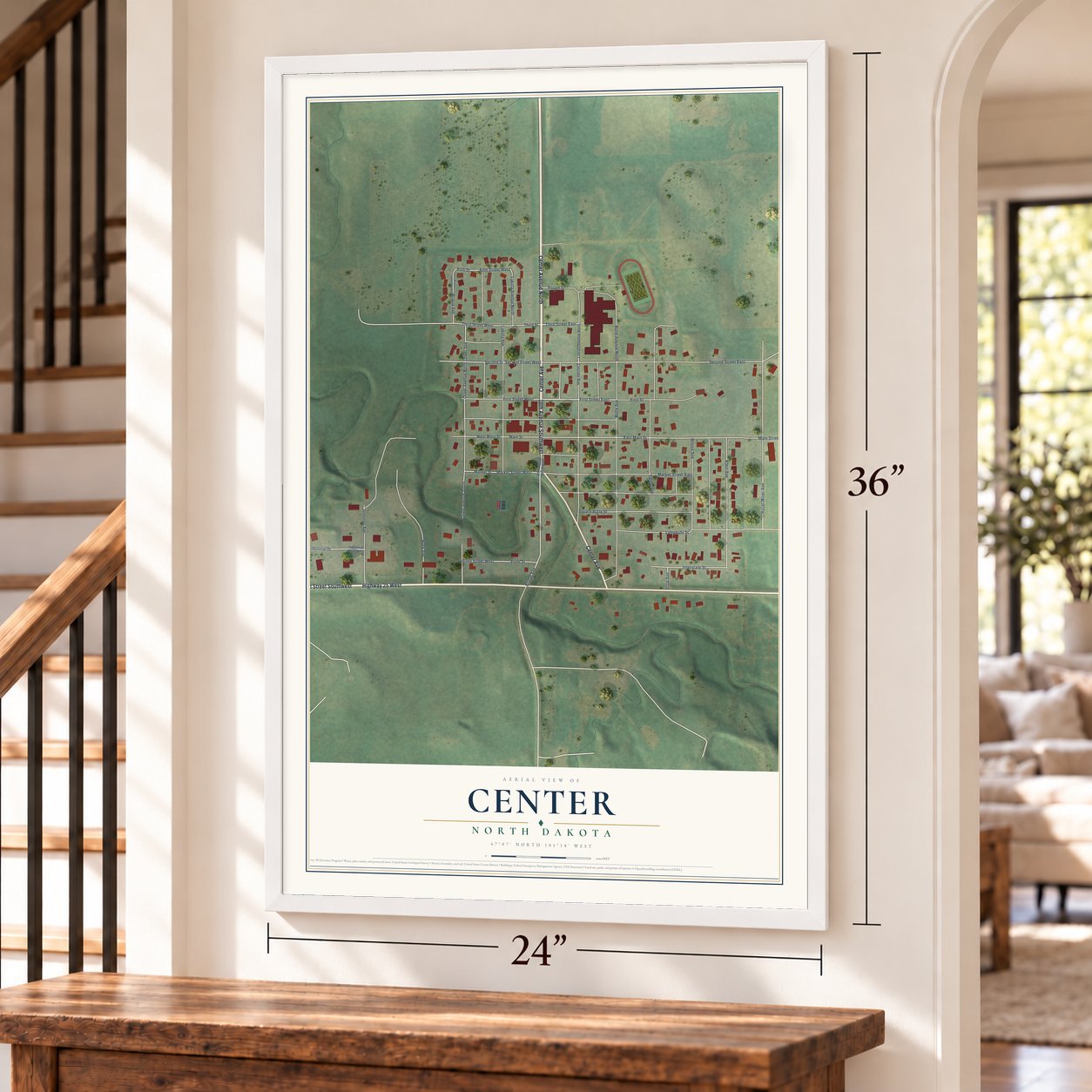 Center, North Dakota map, 24 x 36 inch print in a white frame by a staircase