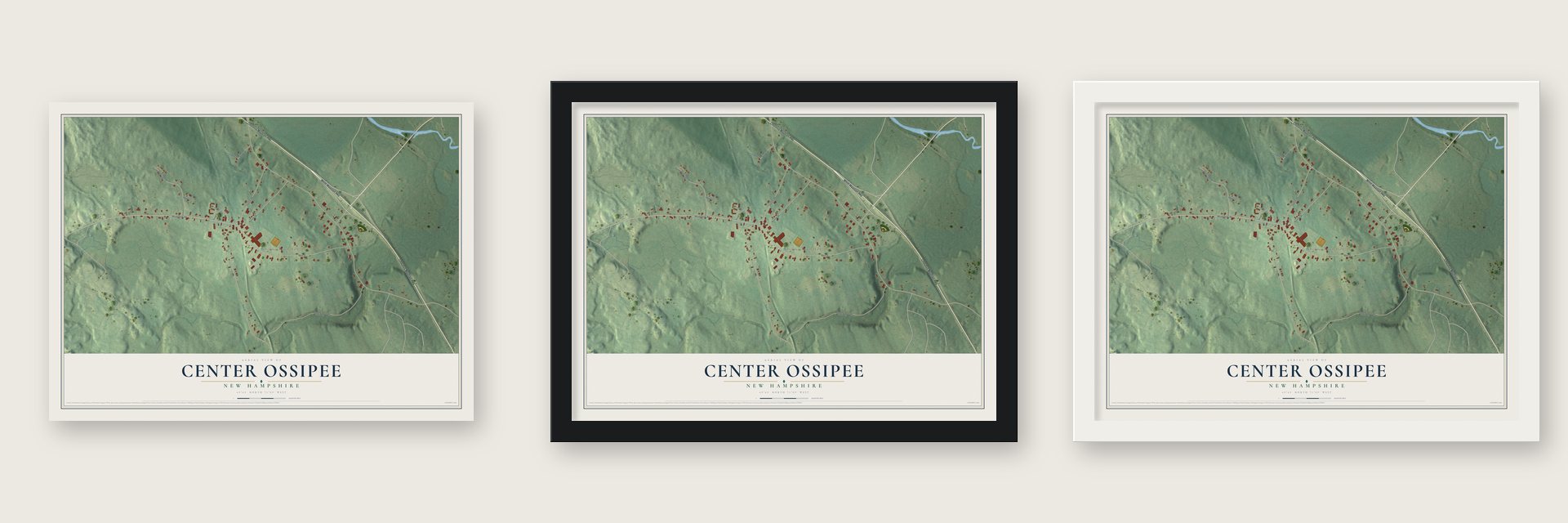 Center Ossipee, New Hampshire map unframed, in a black wood frame and in a white wood frame