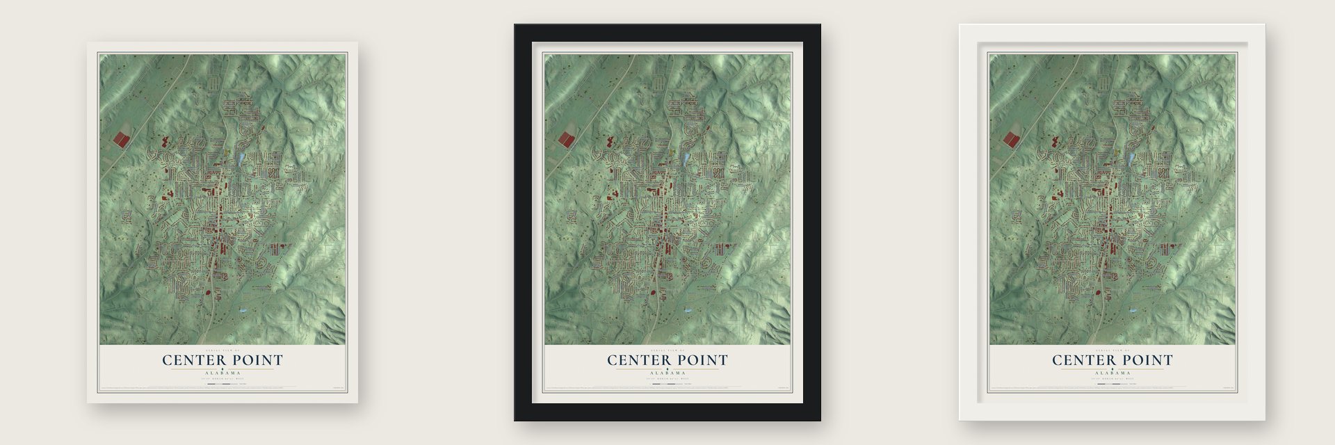 Center Point, Alabama map unframed, in a black wood frame and in a white wood frame