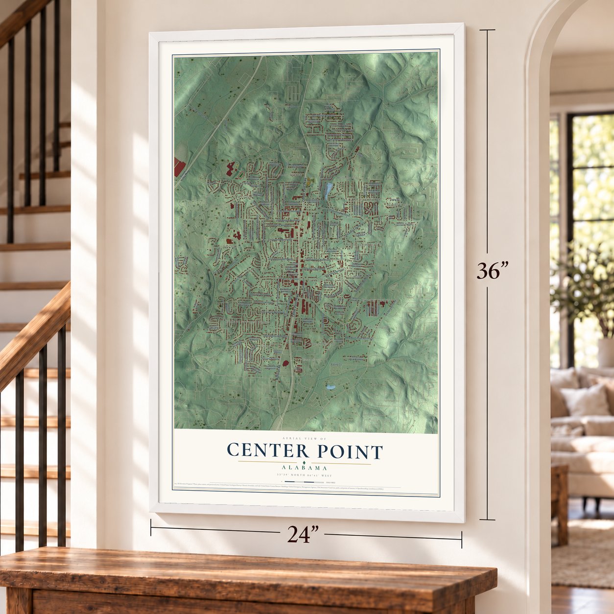 Center Point, Alabama map, 24 x 36 inch print in a white frame by a staircase