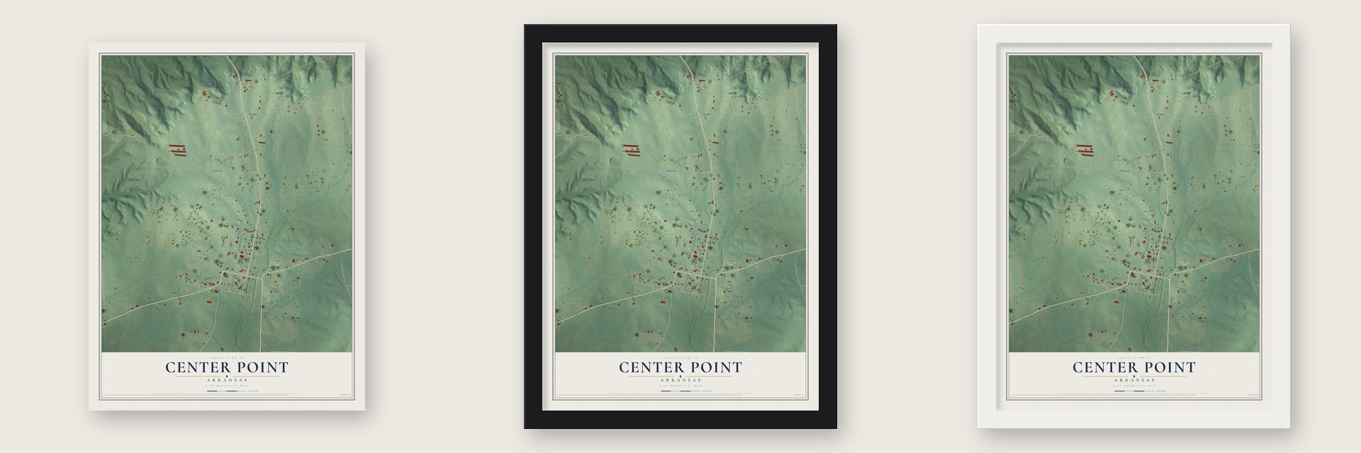 Center Point, Arkansas map unframed, in a black wood frame and in a white wood frame