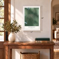 Center Point, Indiana map, 12 x 18 inch print in a white frame in an entryway