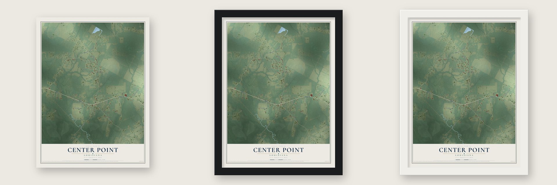 Center Point, Louisiana map unframed, in a black wood frame and in a white wood frame